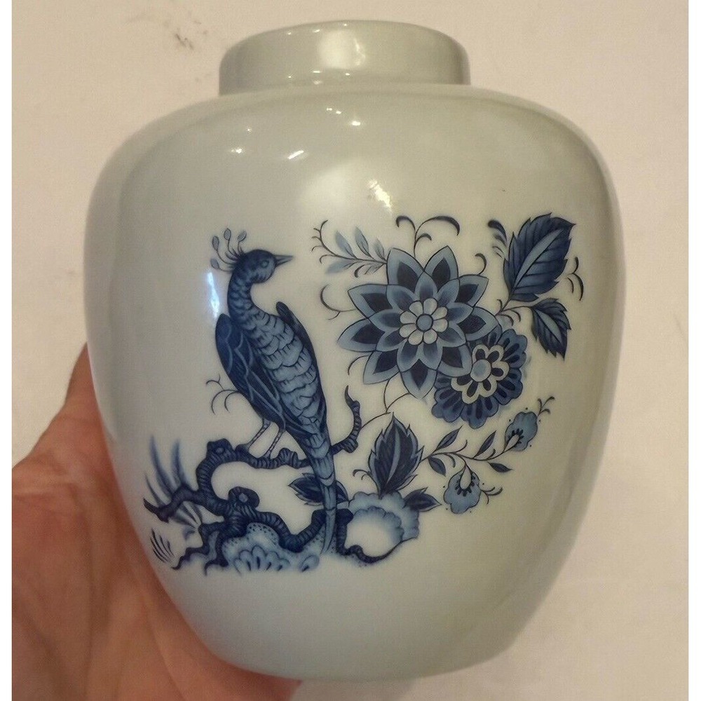 Blue & WhitePeacock Bird Florals Hand Painted-5" h-5.25" w-Ginger Jar/Vase-Vtg